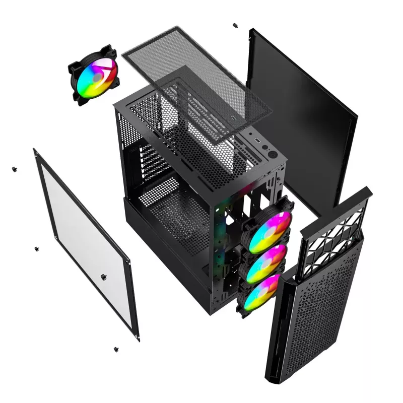 PC case GEMBIRD Fornax 400X Midi Tower Must — ATX, karastatud klaas, RGB ventilaatorid, 4x 2,5 tolli sahtlit, 2x USB 3.0