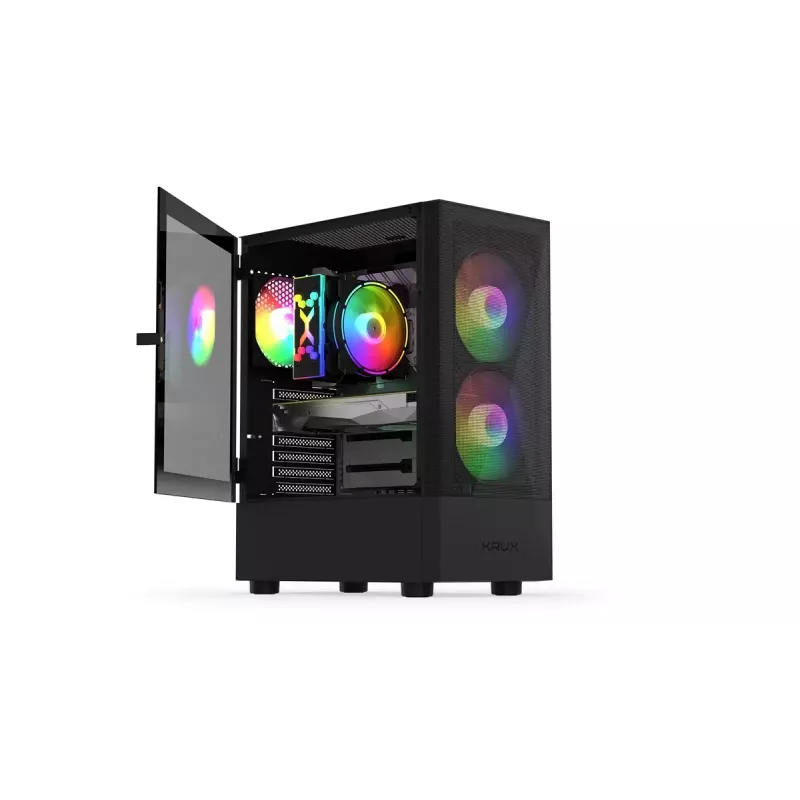 PC korpus KRUX VAKO KRX0132 ATX must — karastatud klaas, RGB, toetab Mini-ATX, GPU kuni 31 cm, protsessori jahuti kuni 15,9 cm