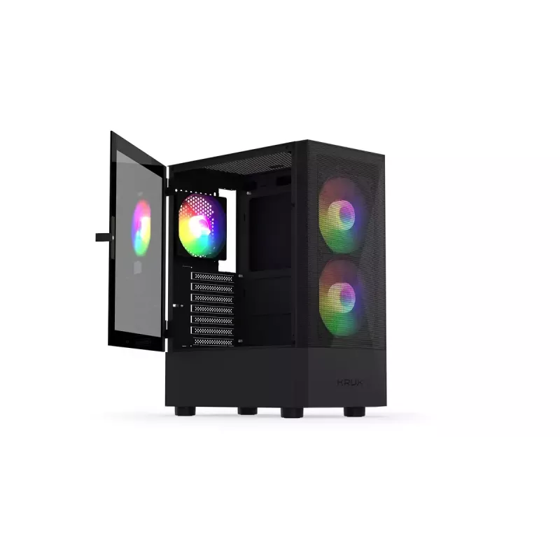 PC korpus KRUX VAKO KRX0132 ATX must — karastatud klaas, RGB, toetab Mini-ATX, GPU kuni 31 cm, protsessori jahuti kuni 15,9 cm