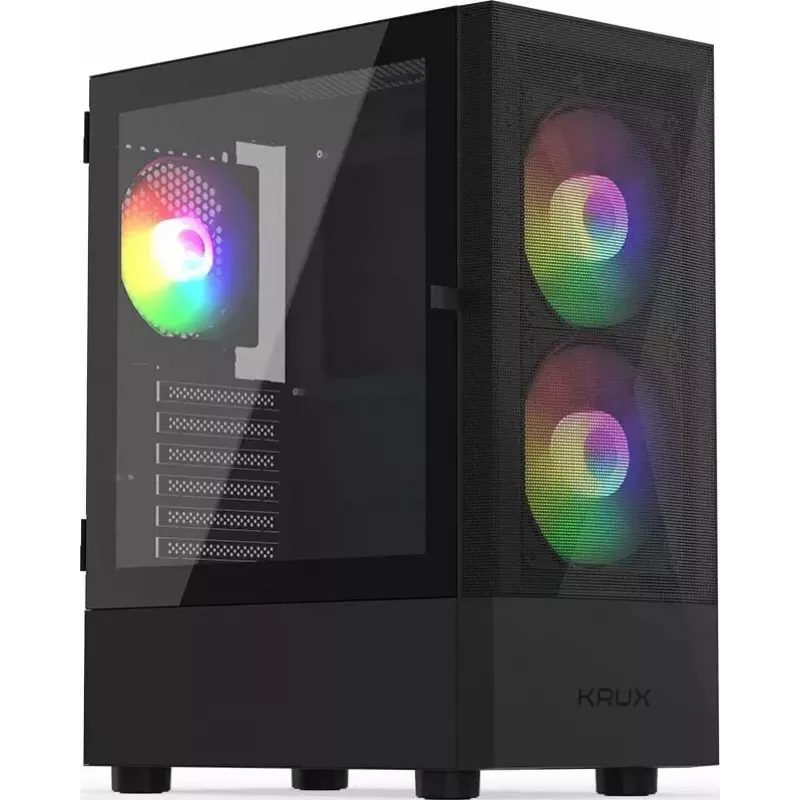 PC korpus KRUX VAKO KRX0132 ATX must — karastatud klaas, RGB, toetab Mini-ATX, GPU kuni 31 cm, protsessori jahuti kuni 15,9 cm