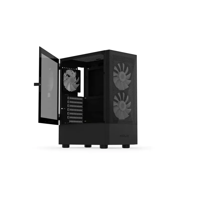 PC korpus KRUX VAKO KRX0132 ATX must — karastatud klaas, RGB, toetab Mini-ATX, GPU kuni 31 cm, protsessori jahuti kuni 15,9 cm