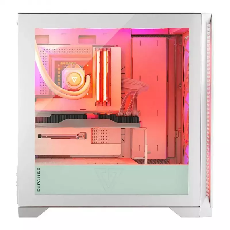 PC korpus MODECOM VOLCANO EXPANSE T APEX ARGB MIDI valge — karastatud klaas, ARGB, USB-C, toetab mikro-ATX, GPU kuni 430 mm