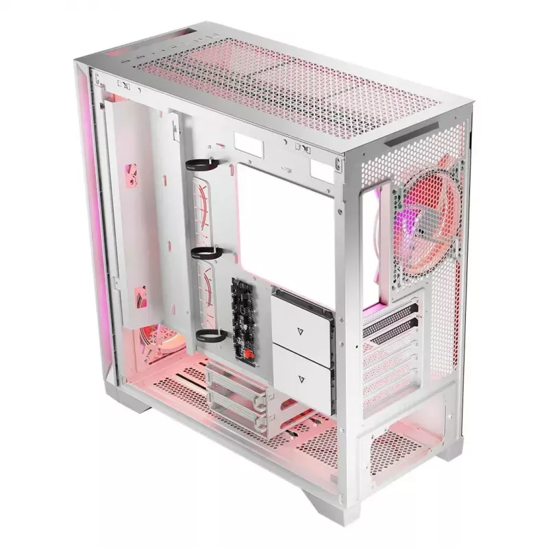 PC korpus MODECOM VOLCANO EXPANSE T APEX ARGB MIDI valge — karastatud klaas, ARGB, USB-C, toetab mikro-ATX, GPU kuni 430 mm