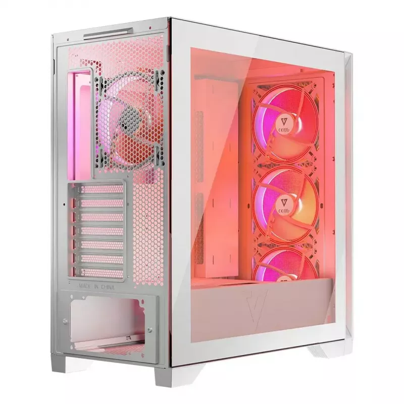 PC korpus MODECOM VOLCANO EXPANSE T APEX ARGB MIDI valge — karastatud klaas, ARGB, USB-C, toetab mikro-ATX, GPU kuni 430 mm