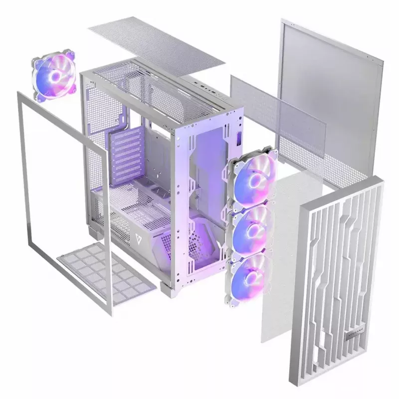 PC korpus MODECOM Volcano Perun Apex ARGB valge — Midi Tower, karastatud klaas, ARGB, USB-C, toetab micro ATX, GPU kuni 39 cm
