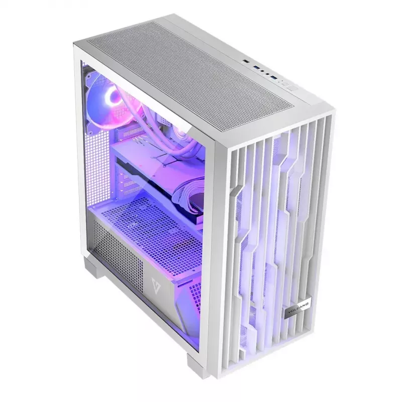 PC korpus MODECOM Volcano Perun Apex ARGB valge — Midi Tower, karastatud klaas, ARGB, USB-C, toetab micro ATX, GPU kuni 39 cm