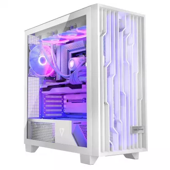 PC korpus MODECOM Volcano Perun Apex ARGB valge — Midi Tower, karastatud klaas, ARGB, USB-C, toetab micro ATX, GPU kuni 39 cm