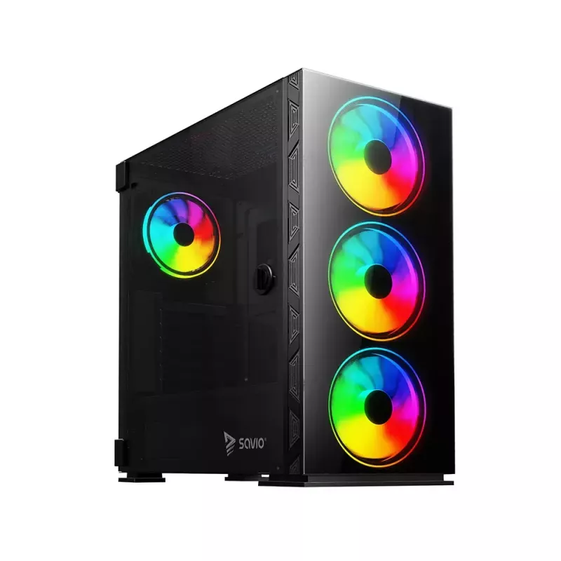 PC Case SAVIO Prime X1 ARGB Glass Midi Tower Must — karastatud klaas, ARGB ventilaatorid, micro ATX/ATX tugi