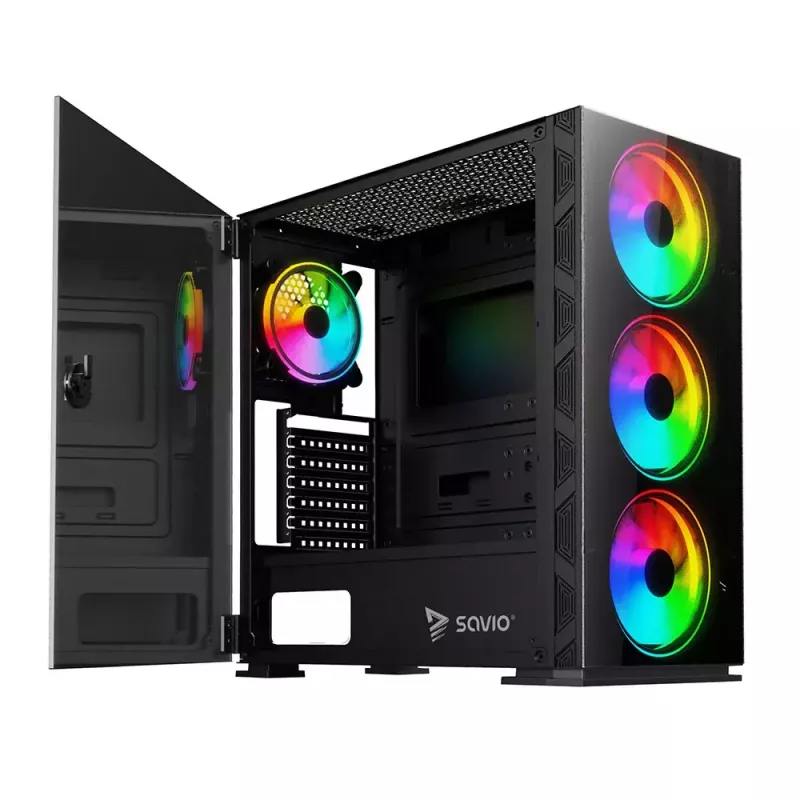 PC Case SAVIO Prime X1 ARGB Glass Midi Tower Must — karastatud klaas, ARGB ventilaatorid, micro ATX/ATX tugi