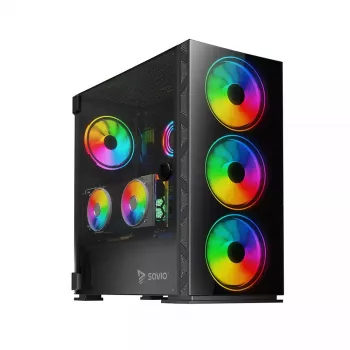 PC Case SAVIO Prime X1 ARGB Glass Midi Tower Must — karastatud klaas, ARGB ventilaatorid, micro ATX/ATX tugi
