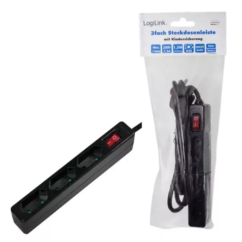 Pikendusjuhe LogiLink LPS230B 1,5 m 3 vahelduvvoolupistikut must