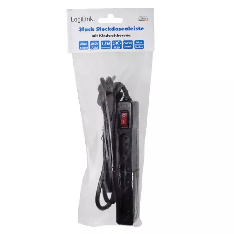 Pikendusjuhe LogiLink LPS230B 1,5 m 3 vahelduvvoolupistikut must