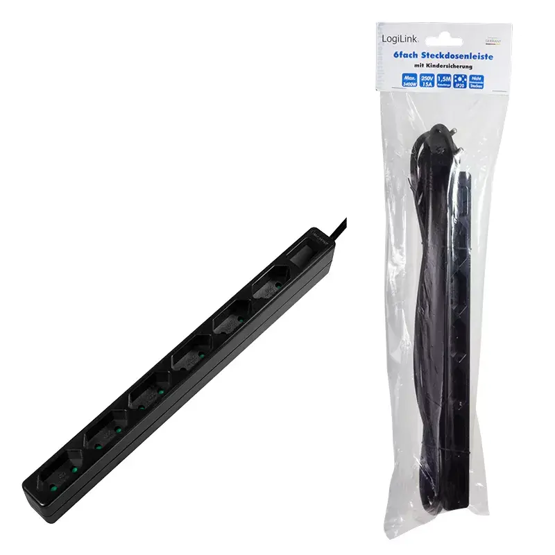 Pikendusjuhe LogiLink LPS231B 1,5m 6 vahelduvvoolu pistikupesa siseruumidesse must