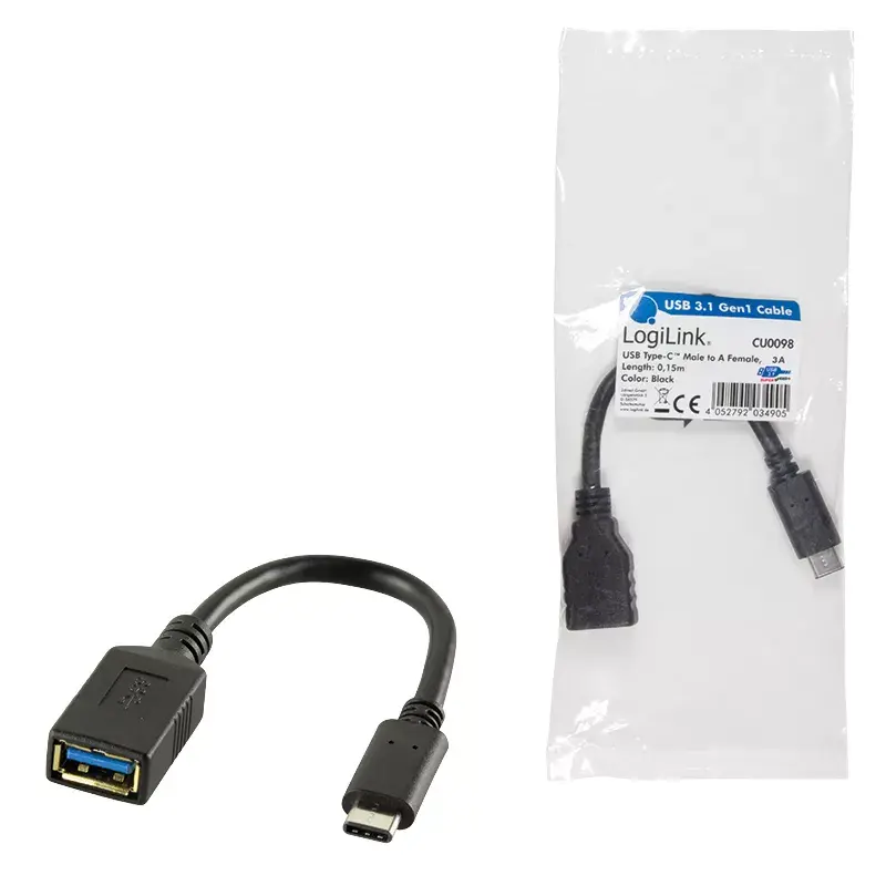 USB-kaabel LogiLink USB C - USB A 0,15m CU0098 Must