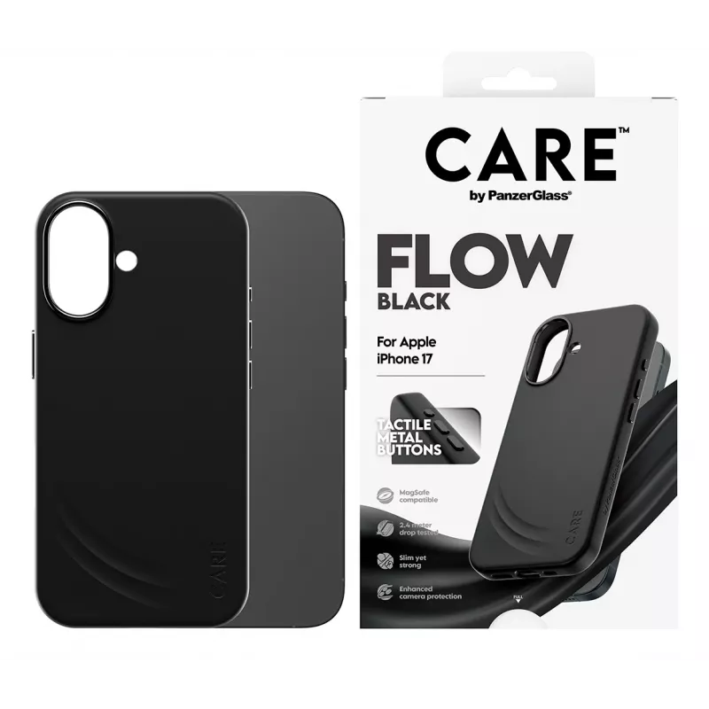 Kaitseümbris PanzerGlass CARE Feature FLOW ümbris Must MagSafe'iga iPhone 17 jaoks