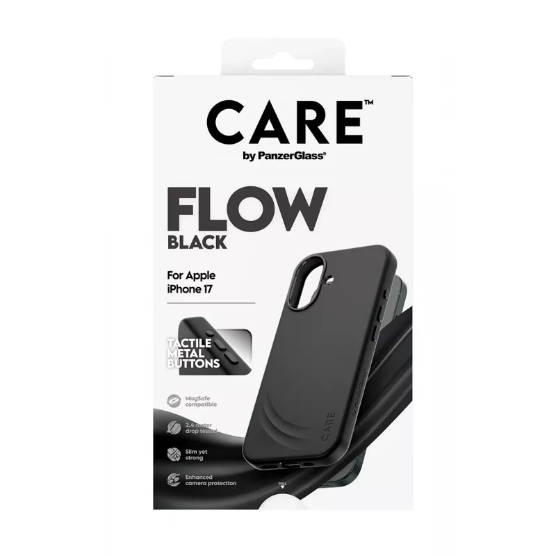 Kaitseümbris PanzerGlass CARE Feature FLOW ümbris Must MagSafe'iga iPhone 17 jaoks