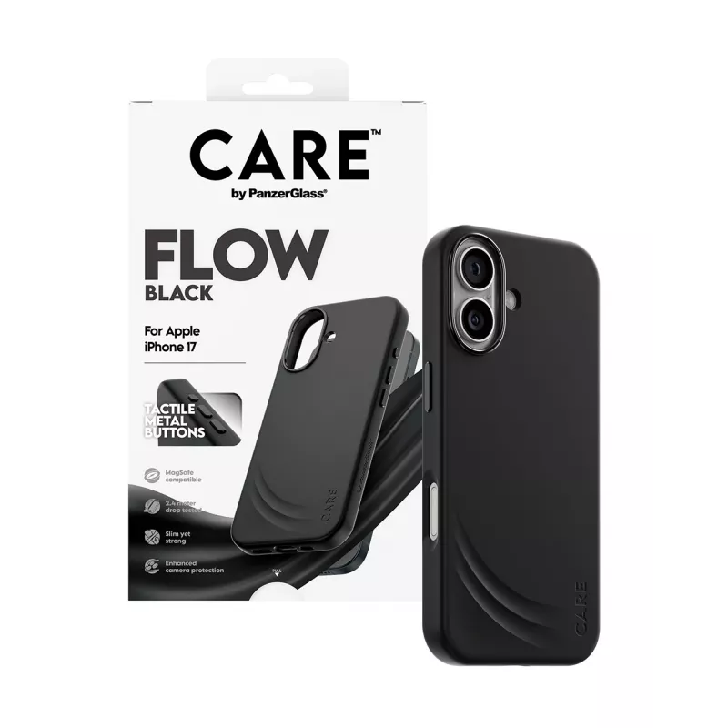 Kaitseümbris PanzerGlass CARE Feature FLOW ümbris Must MagSafe'iga iPhone 17 jaoks