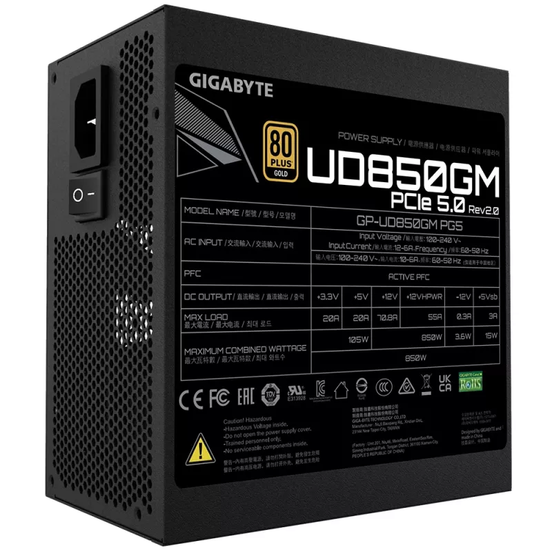 GIGABYTE UD850GM PG5 V2 Power Supply Unit- PCIe Gen 5.1, 80 PLUS Gold, Fully Modular Design, 120mm Fan, ATX 3.1 Ühilduv, EU Plug