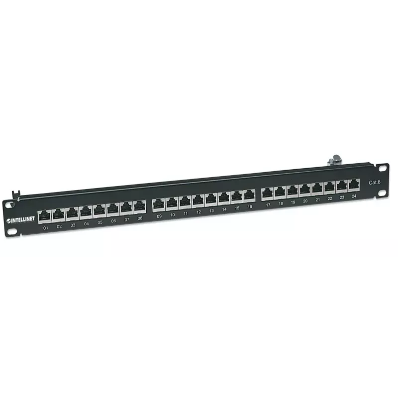Intellinet Patch Panel, Cat6, FTP, 24-Port, 1U, Varjestatud, 90° ülalt sisenevad läbilöögiklemmid, Must