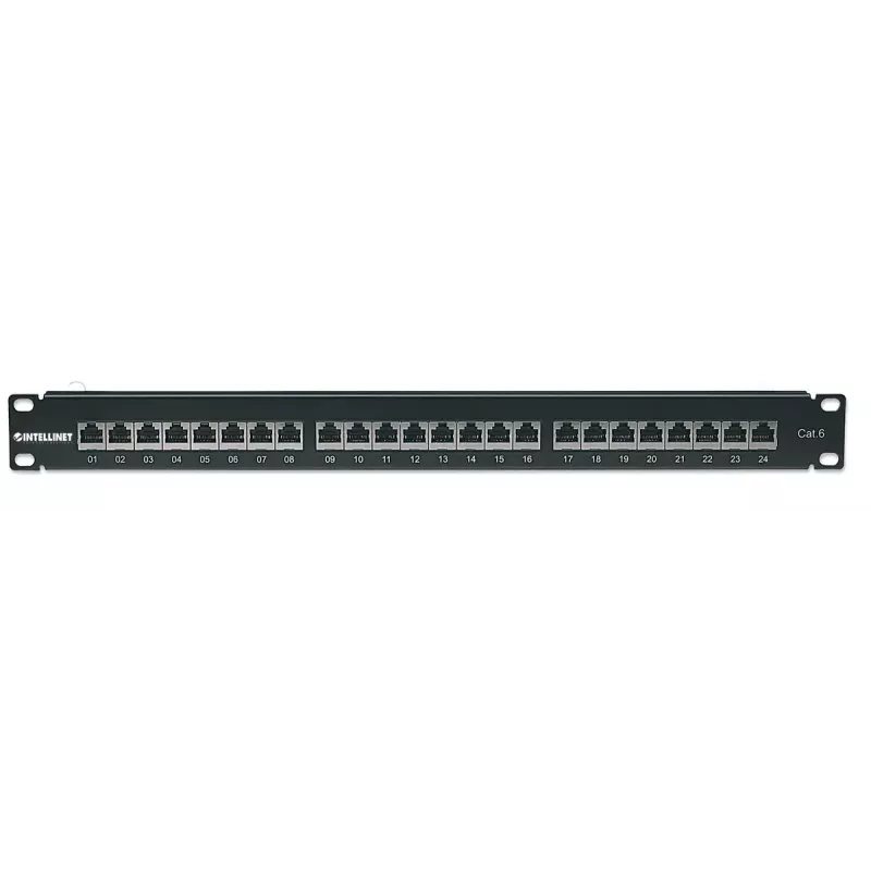Intellinet Patch Panel, Cat6, FTP, 24-Port, 1U, Varjestatud, 90° ülalt sisenevad läbilöögiklemmid, Must