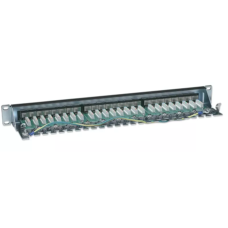 Intellinet Patch Panel, Cat6, FTP, 24-Port, 1U, Varjestatud, 90° ülalt sisenevad läbilöögiklemmid, Must