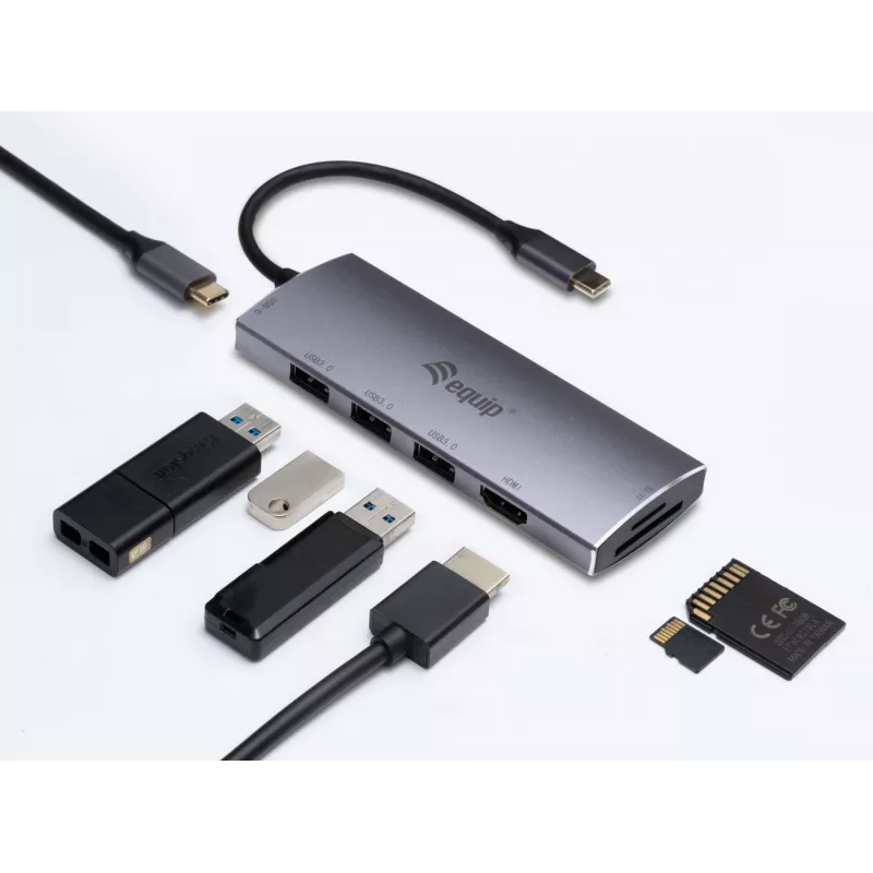 Equip USB-C 7 in 1 multifunktsionaalne adapter, USB 3.2 Gen 1 (3.1 Gen 1) Type-C, 100 W, hõbedane, MicroSD (TransFlash), MicroSDHC, SD, SDHC, 4K Ultra HD, 30 Hz
