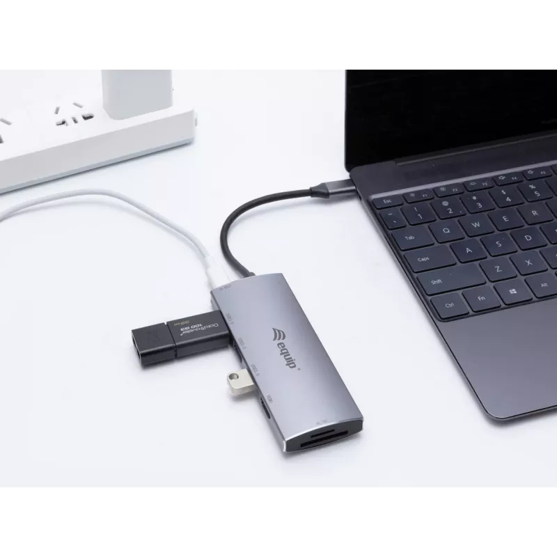 Equip USB-C 7 in 1 multifunktsionaalne adapter, USB 3.2 Gen 1 (3.1 Gen 1) Type-C, 100 W, hõbedane, MicroSD (TransFlash), MicroSDHC, SD, SDHC, 4K Ultra HD, 30 Hz