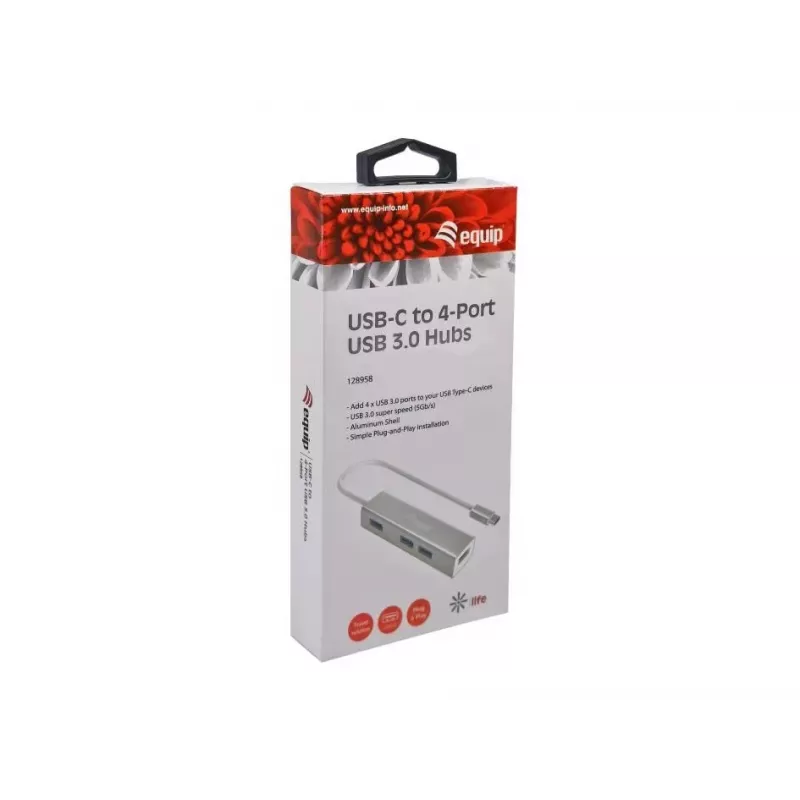 Equip USB-C kuni 4-pordiline USB 3.0 jaotur, USB 3.2 Gen 1 (3.1 Gen 1) Type-C, USB 3.2 Gen 1 (3.1 Gen 1) Type-A, 5000 Mbit/s, Hõbedane, Alumiinium, Windows 10, Windows 7, Windows 8