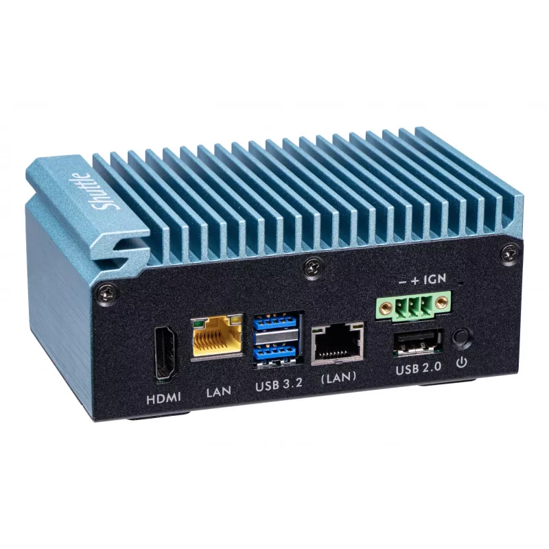 Shuttle Edge PC SPCEL02 , Intel Celeron J6412, 1x HDMI, 2x 2.5G LAN, 1x COM, DIO (4x sisend, 4x väljund), 3x USB, 2x M.2, 12-24V, 24/7 pidev töö, ventilaatorita, sisaldab VESA ja DIN-liistu kinnitust