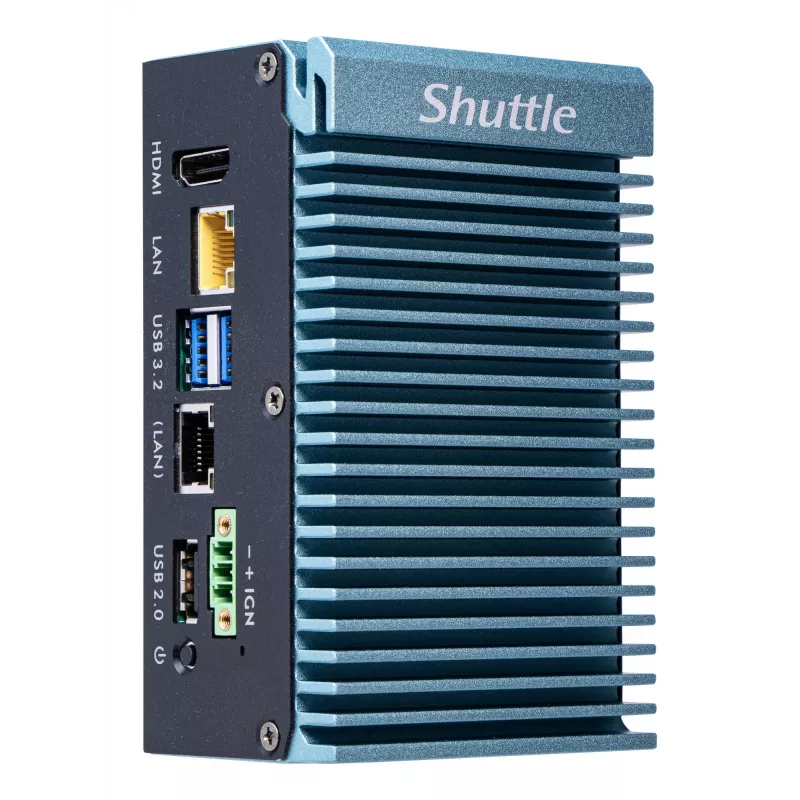 Shuttle Edge PC SPCEL02 , Intel Celeron J6412, 1x HDMI, 2x 2.5G LAN, 1x COM, DIO (4x sisend, 4x väljund), 3x USB, 2x M.2, 12-24V, 24/7 pidev töö, ventilaatorita, sisaldab VESA ja DIN-liistu kinnitust