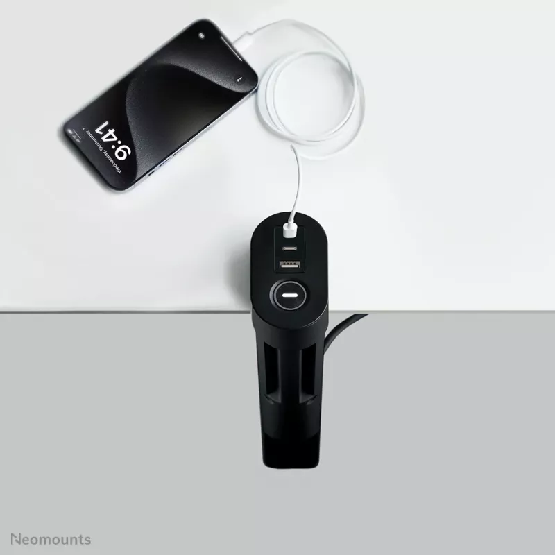 Neomounts DS22-840BL6 lauapesa koos kinnitusklambri ja USB-C ning USB-A portidega - kiirlaadimine
