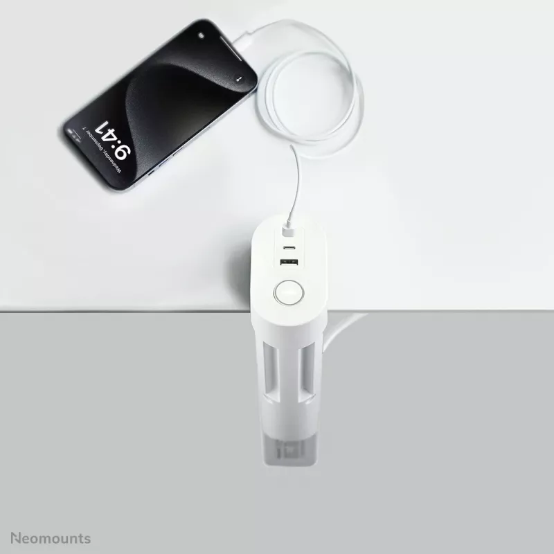 Neomounts DS22-840WH6 lauapesa koos klambriga ning USB-C ja USB-A portidega – kiirlaadimine