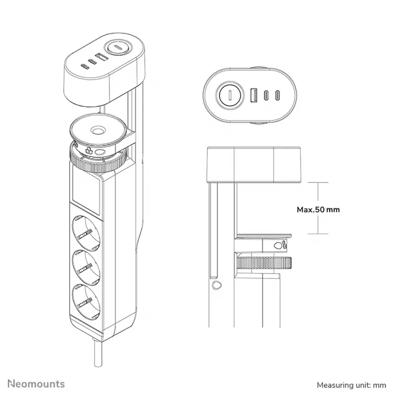 Neomounts DS22-840WH6 lauapesa koos klambriga ning USB-C ja USB-A portidega – kiirlaadimine