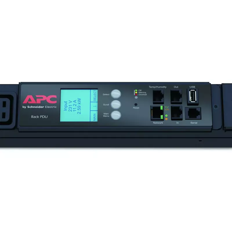 APC NetShelter Mõõdetav Rack-PDU, 0U, 3-faasiline, 22 kW 230 V 32 A või 17,3 kW 230 V 24 A, 30× C13 ja 12× C19 pistikupesa, IEC 309 3P+N+PE -toitejuhe