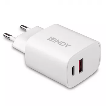 Indoor charger Lindy 73413 — universal AC 100–240V, output 12V 3A, USB-A + USB-C, Valge
