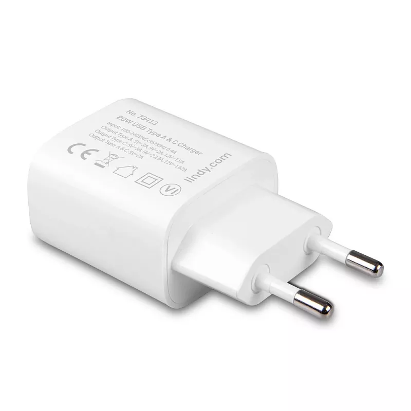 Indoor charger Lindy 73413 — universal AC 100–240V, output 12V 3A, USB-A + USB-C, Valge