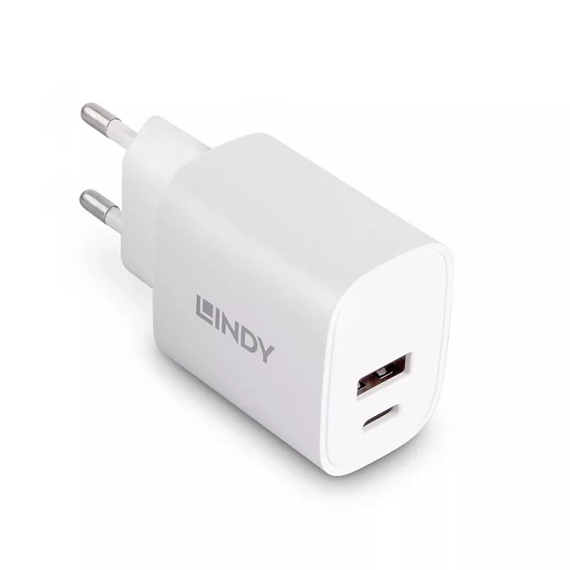 Indoor charger Lindy 73413 — universal AC 100–240V, output 12V 3A, USB-A + USB-C, Valge