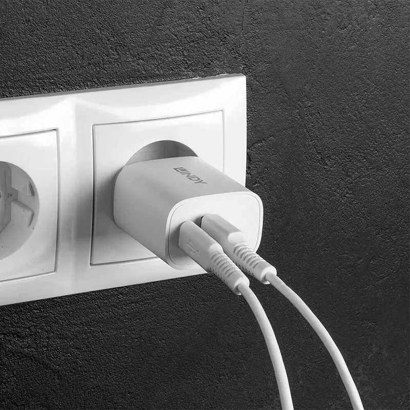 Indoor charger Lindy 73413 — universal AC 100–240V, output 12V 3A, USB-A + USB-C, Valge
