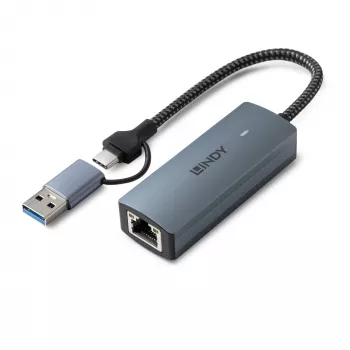 Lindy USB 3.2 Gen 1 kuni 5G Etherneti muundur, USB 3.2 Gen 2 (3.1 Gen 2) USB-C, 5000 Mbit/s, hall, alumiinium, plast, ümarkaabel, 0,15 m