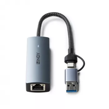 Lindy USB 3.2 Gen 1 kuni 5G Etherneti muundur, USB 3.2 Gen 2 (3.1 Gen 2) USB-C, 5000 Mbit/s, hall, alumiinium, plast, ümarkaabel, 0,15 m