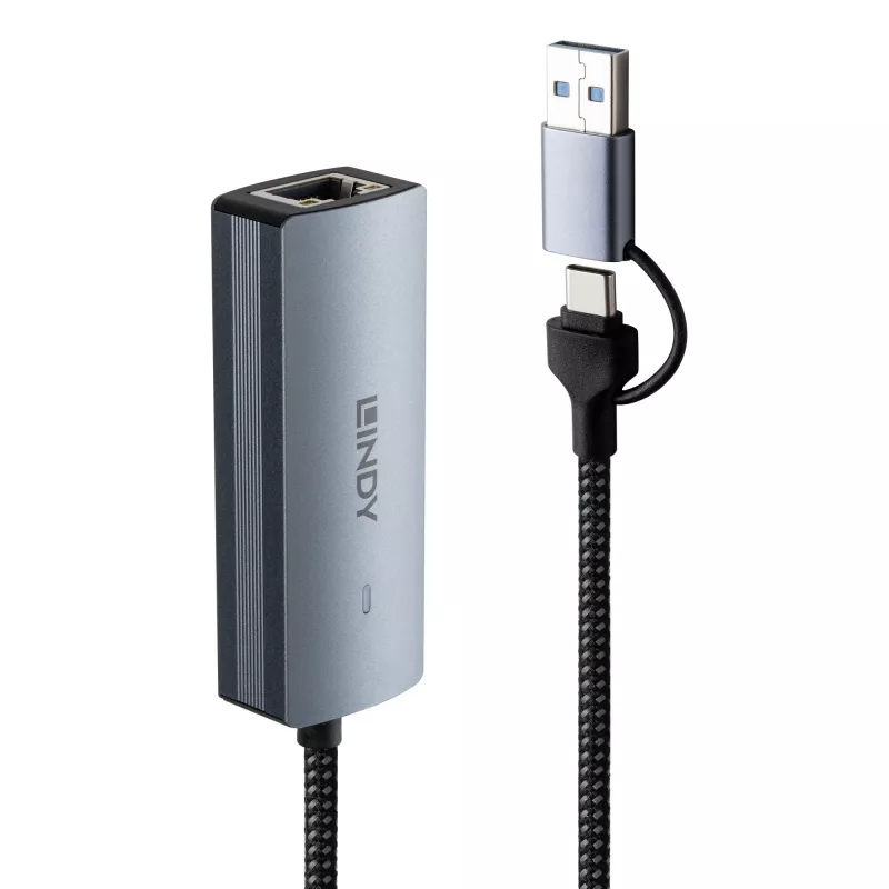 Lindy USB 3.2 Gen 1 kuni 5G Etherneti muundur, USB 3.2 Gen 2 (3.1 Gen 2) USB-C, 5000 Mbit/s, hall, alumiinium, plast, ümarkaabel, 0,15 m