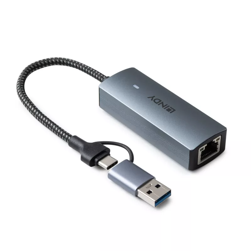 Lindy USB 3.2 Gen 1 kuni 5G Etherneti muundur, USB 3.2 Gen 2 (3.1 Gen 2) USB-C, 5000 Mbit/s, hall, alumiinium, plast, ümarkaabel, 0,15 m