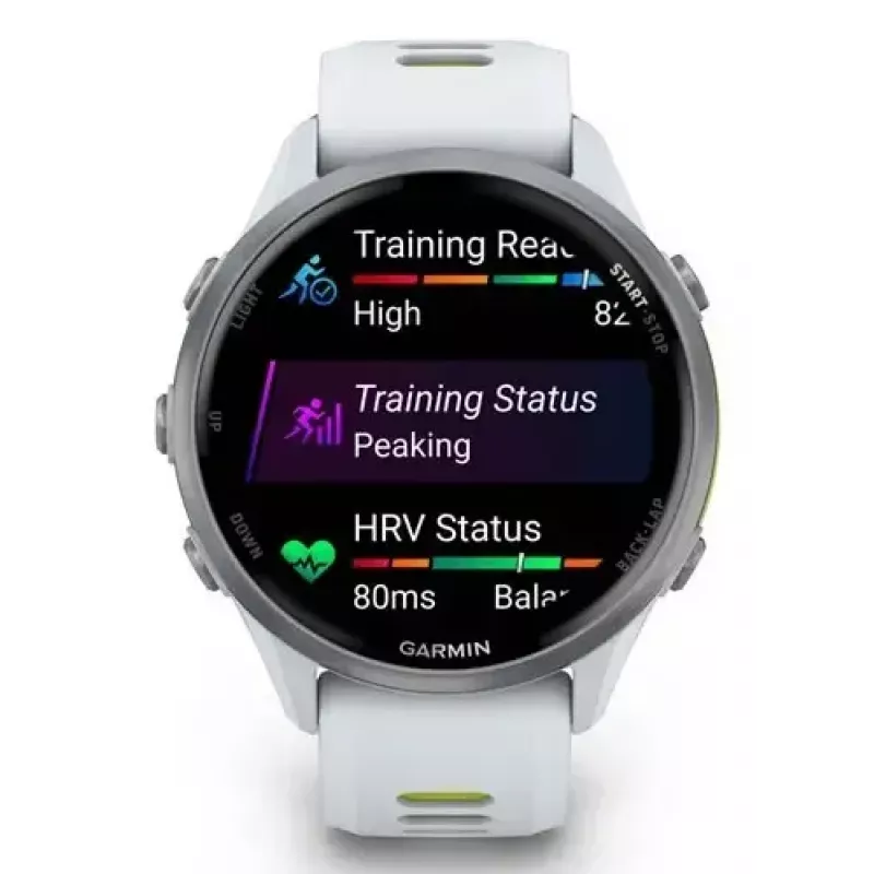 Nutikell IFIT ICON Forerunner 970 — 1,4 tolli (3,56 cm) AMOLED 454×454, GPS, Wi‑Fi, titaanist korpus, silikoonist rihm (valge/kollane), 56 g
