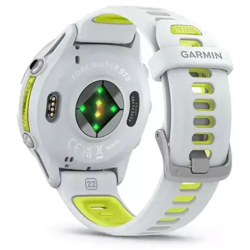Nutikell IFIT ICON Forerunner 970 — 1,4 tolli (3,56 cm) AMOLED 454×454, GPS, Wi‑Fi, titaanist korpus, silikoonist rihm (valge/kollane), 56 g