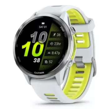 Nutikell IFIT ICON Forerunner 970 — 1,4 tolli (3,56 cm) AMOLED 454×454, GPS, Wi‑Fi, titaanist korpus, silikoonist rihm (valge/kollane), 56 g