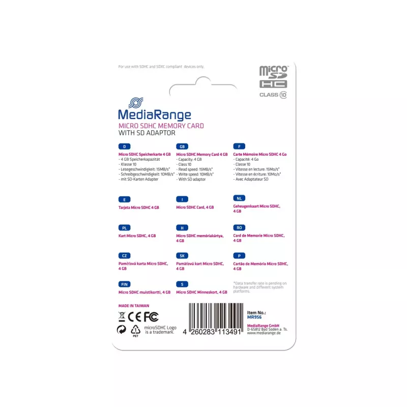 Mälukaart MediaRange 4 GB MicroSDHC Class 10 MR956
