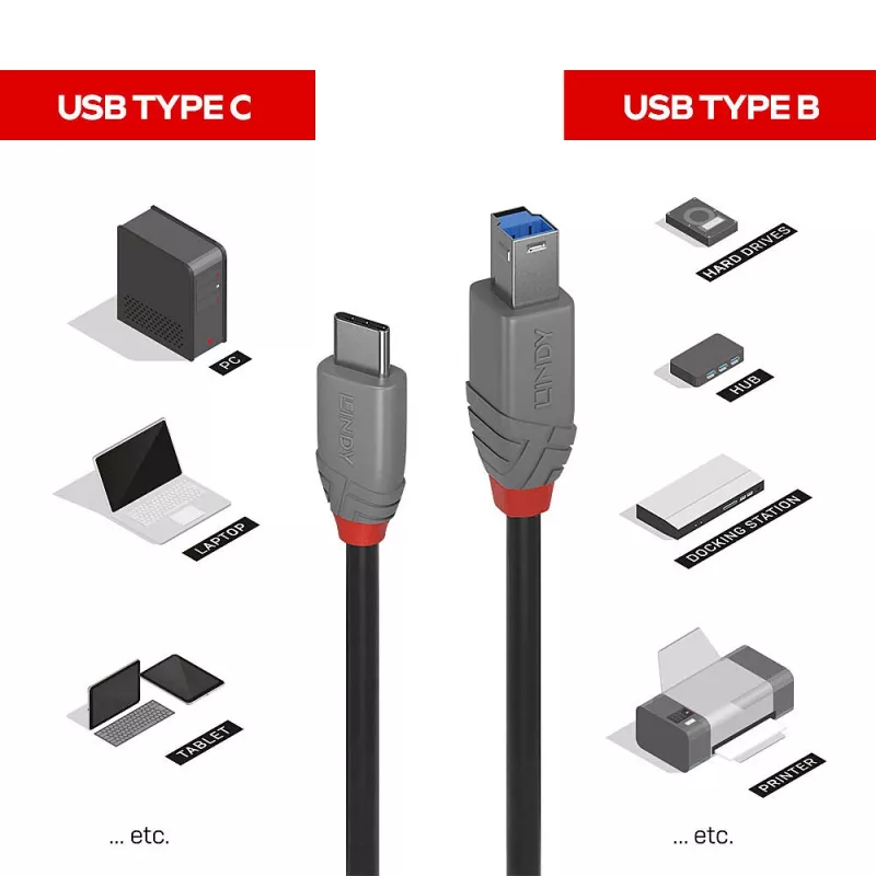 Lindy 2 m USB 3.2 Type C – B kaabel, Anthra Line