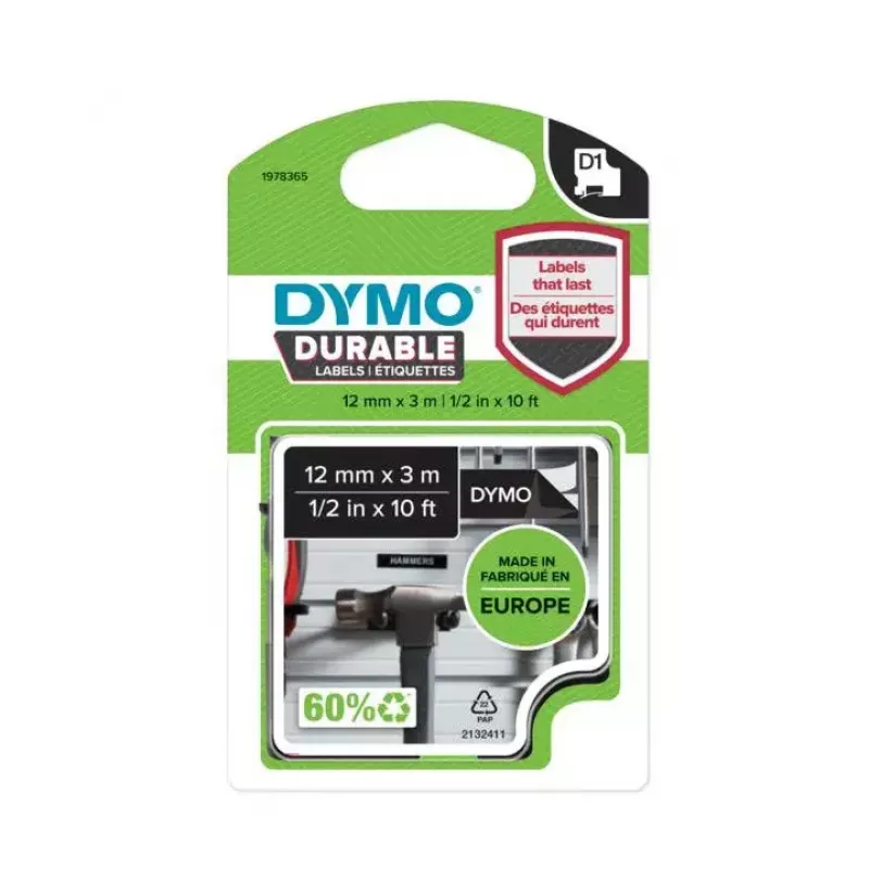 DYMO Authentic D1 Durable Labels | Valge Print on Must Tape | 12 mm x 3 m | Labelling Tape for LabelManager Label Makers