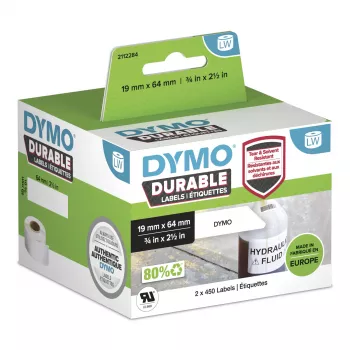 DYMO LabelWriter vastupidavad tööstuslikud sildid | 19 mm x 64 mm | valge polüpropüleen | 2 rulli, kokku 450 (900 isekleepuvat silti) | originaal | LabelWriteri sildiprinteritele