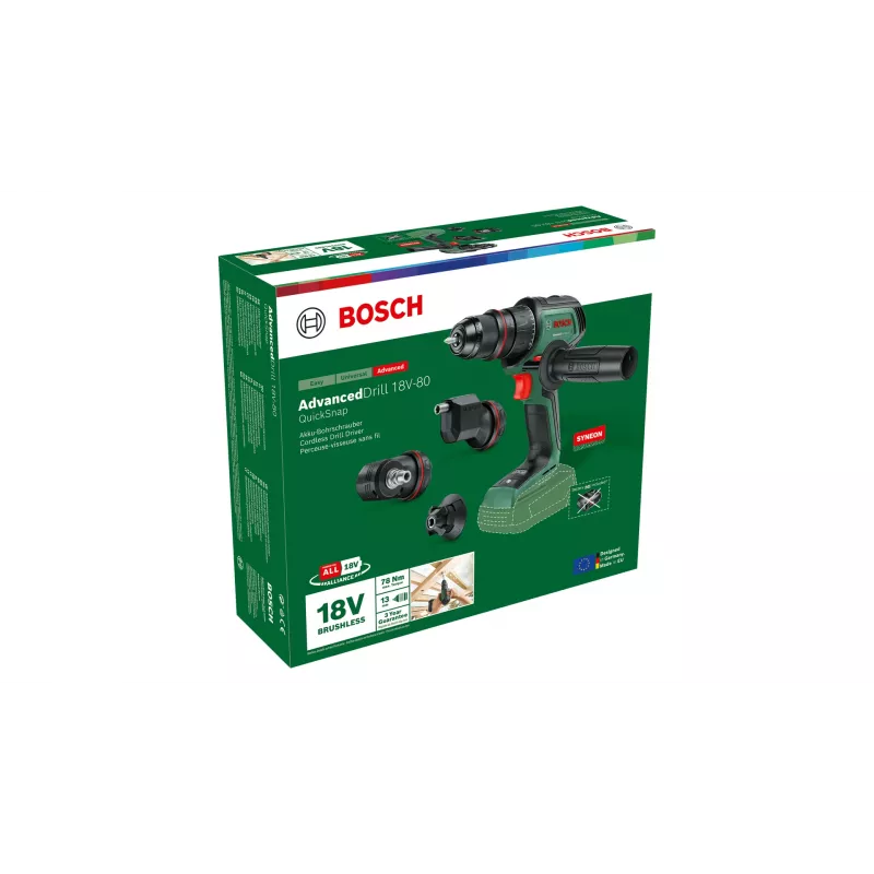 Juhtmeta trell Bosch AdvancedDrill 18V-80 QuickSnap Solo — 18 V, kompaktne, roheline/must